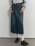 Denim Skirt Women High Waist Long A-LINE Skirts Office Lady Front Spilt Retro Denim Blue Jean Skirt For Women