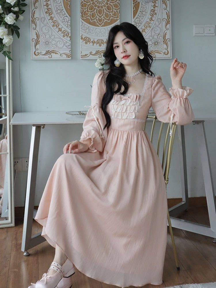 Pink Elegant Sweet Korean Style Dress Women France Vintage Evening Party Midi Dress Bubble Sleeve Retro Kawaii Fairy Dress