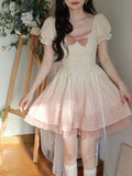 Bubble Sleeve Kawaii Lolita Mini Dress Women Pink Bow Princess Sweet Party Cute Dress A-Line Elegant Fairy Dress  Spring New