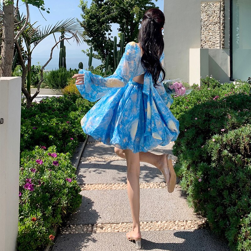 Darianrojas Vintage Van Gogh Starry Painting Print Long Dress Women Backless Bow Lace-up Dress Female Princess Ball Gown Mini Traf