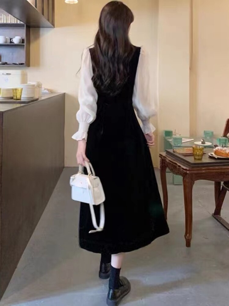 French Elegant Evening Party Dress Woman Long Sleeve Vintage Velvet Dress Casual Autumn Design Slim Korean Fashion Dress