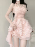 Summer Fashion High Waist Floral Dress Chic Elegant Pure Color Fairy Mini Dress Women Sweet Fresnch Short Party Dress