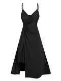 Plain Color Twisted Slit Plunging A Line Midi Dress Solid Color Casual High Waist Vestido Feminino