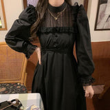 Gothic Black Lace Dress Women Casual Elegant Party Midi Ruffle Long Sleeve Dress Emo Y2k Goth Clothes  Spring Robes