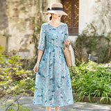 Ladies Elegant A-line Dress New Arrival Summer Vintage Style V-neck Floral Print Loose Women Casual Long Dresses D520