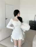 Korean Cute Sexy Party Mini Dress Women White Casual France Sweet Elegant Dress Female Slim Black Designer Dress Spring