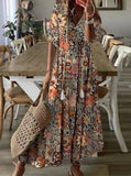 Long Dress Women Summer Vintage Floral Print V Neck Half Sleeve Dresses Female Casual Drawstring Loose Beach Dress