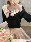 Autumn Kawaii Lolita Knitted Cardigan Women Lace Black Korean Sweet Cute Sweater Female Bow Japanese Elegant Sweater Tops