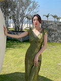 Darianrojas Elegant Women Green Satin Backless Mixi Dress Palace Short Sleeve Lace V-Neck Bandage Vintage Bodycon Dress Robe Summer Vestidos