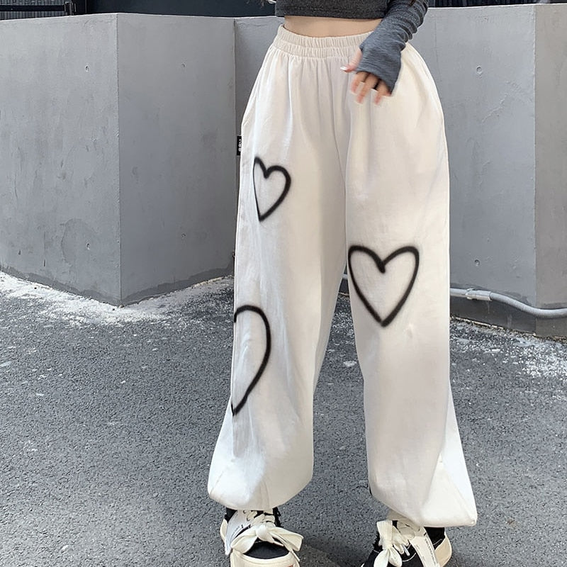 Zoki Cotton Streetwear Hip Hop Heart Sweatpants Women Oversize Loose High Waist Bloomers Fashion Korean Student Casual Trousers