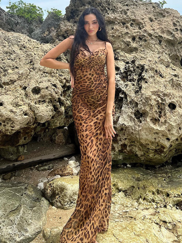 Sexy Spaghetti Strap Leopard Long Sundress Maxi Dress Summer Clothing For Women Club Party Dresses Evening Beach Wear A1224