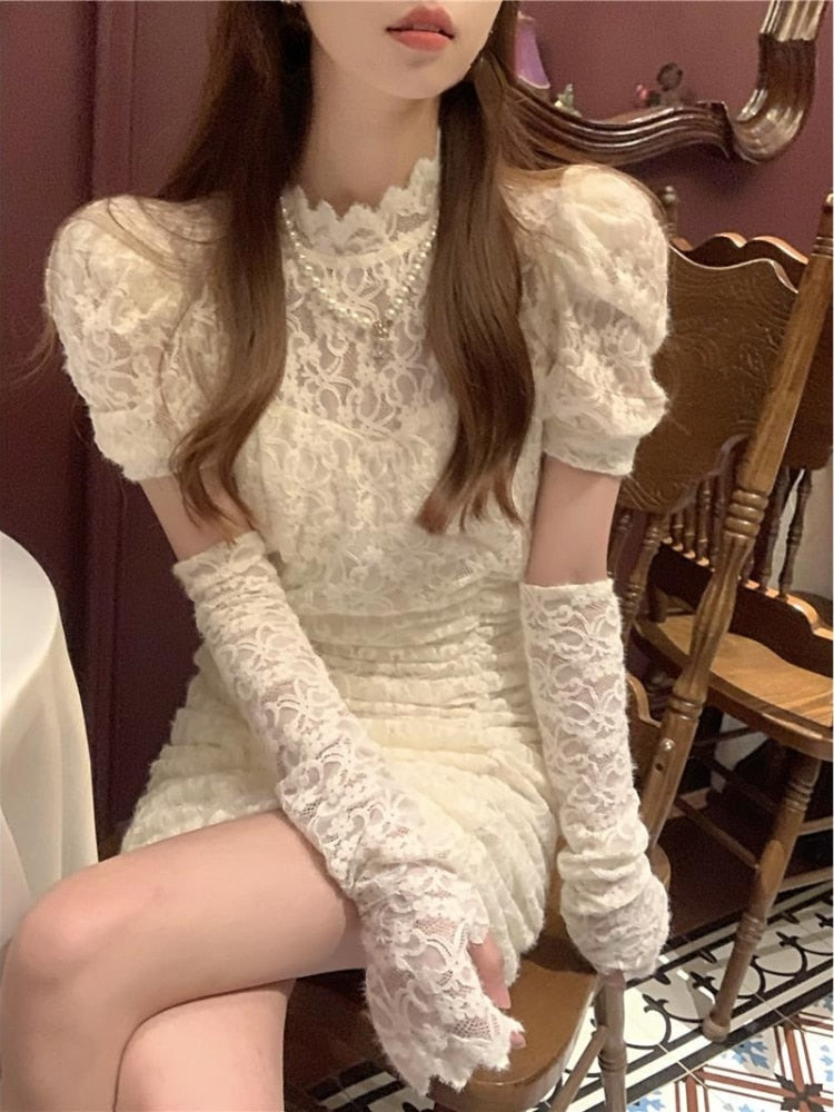 Spring Lace Design Elegant Y2k Mini Dress Woman Party Sexy Bodycon Dress Casual Puffer Sleeve One Piece Dress Korea Fashion