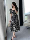Vintage French Sexy Bodycon Black Floral Square Collar Office Lady Midi Chiffon Dress Women Party Elegant Clothes Summer