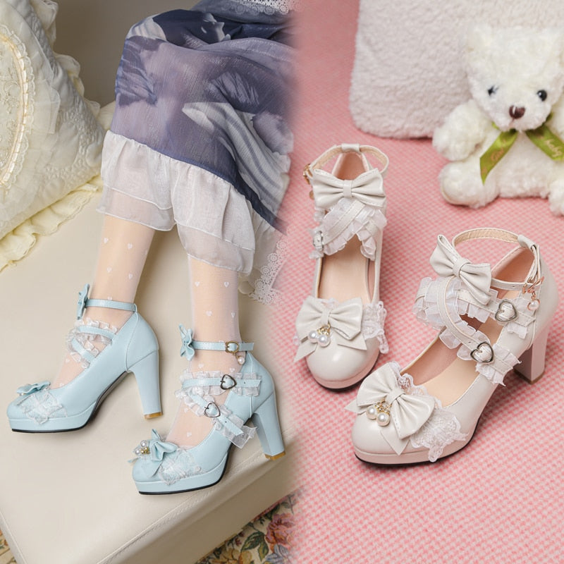 Darianrojas New Spring Women Shoes Plus Size 22-26.5cm Feet Length Pearl Bow Block Heel Cross Buckle Cute Lolita Banquet Shoes 6 Colors