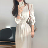 Solid Korean O-Neck Puff Sleeve Dress for Women Pleated Dress Long Sleeve Slim Midi Party Dresses Elegant Spring