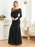 Elegant Long Sleeves Sequin Tulle Evening Dresses Long Women Mermaid Formal Bridesmaid Party Maxi Prom Dress