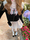 Autumn Kawaii Lolita Knitted Cardigan Women Lace Black Korean Sweet Cute Sweater Female Bow Japanese Elegant Sweater Tops