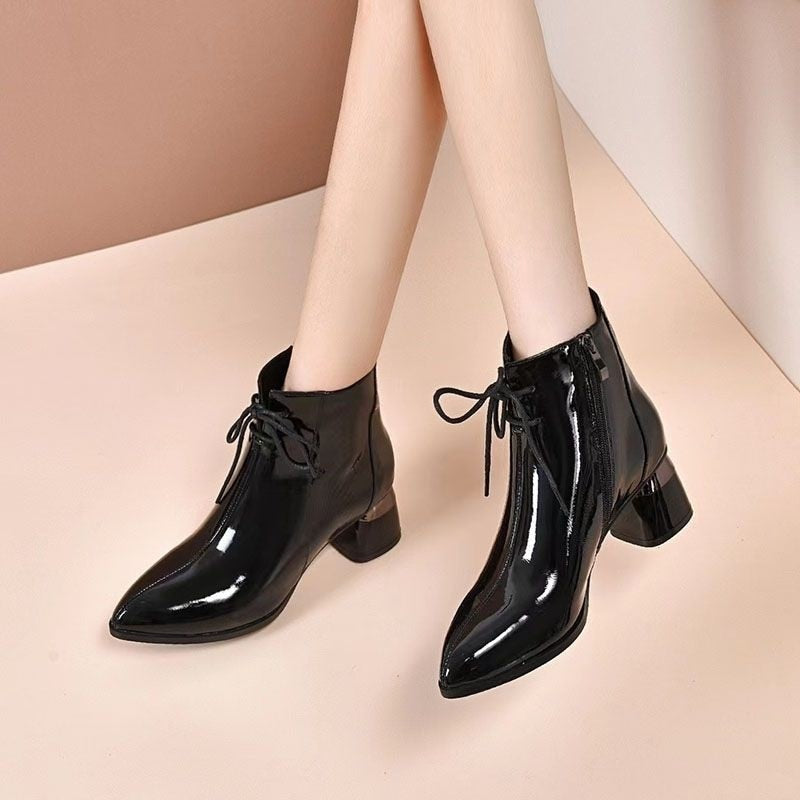 Darianrojas Shiny Leather Ankle Boots Women's Thick Heels Half Heels  Winter Patent Leather Shoes Square Heels