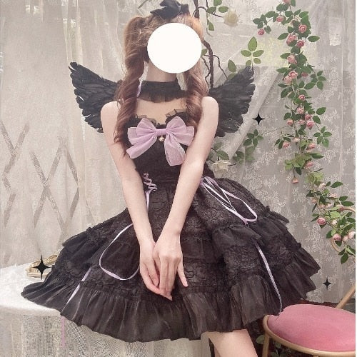 Darianrojas Dark Gothic Lolita Jsk Dress Women Kawai Bow Lace Y2k Sleeveless Bandage Slip Dresses Girl Sweet Princess Party Mini Vestidos