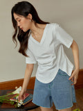 Lady Irregular V-neck Pleated Shoulder Black T-shirt For Women's Summer  Basic White Top For Women