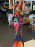Elegant Tie Dye Floral Chiffon Dress For Women  Summer Sexy Bandage Backless Lace Long Dresses Female Beach Evening Robe
