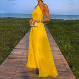 Ellafads Women Maxi Dress Elegant Solid Yellow Sleeveless Chain Halter Neck Backless Evening Party Dresses High Streetwear