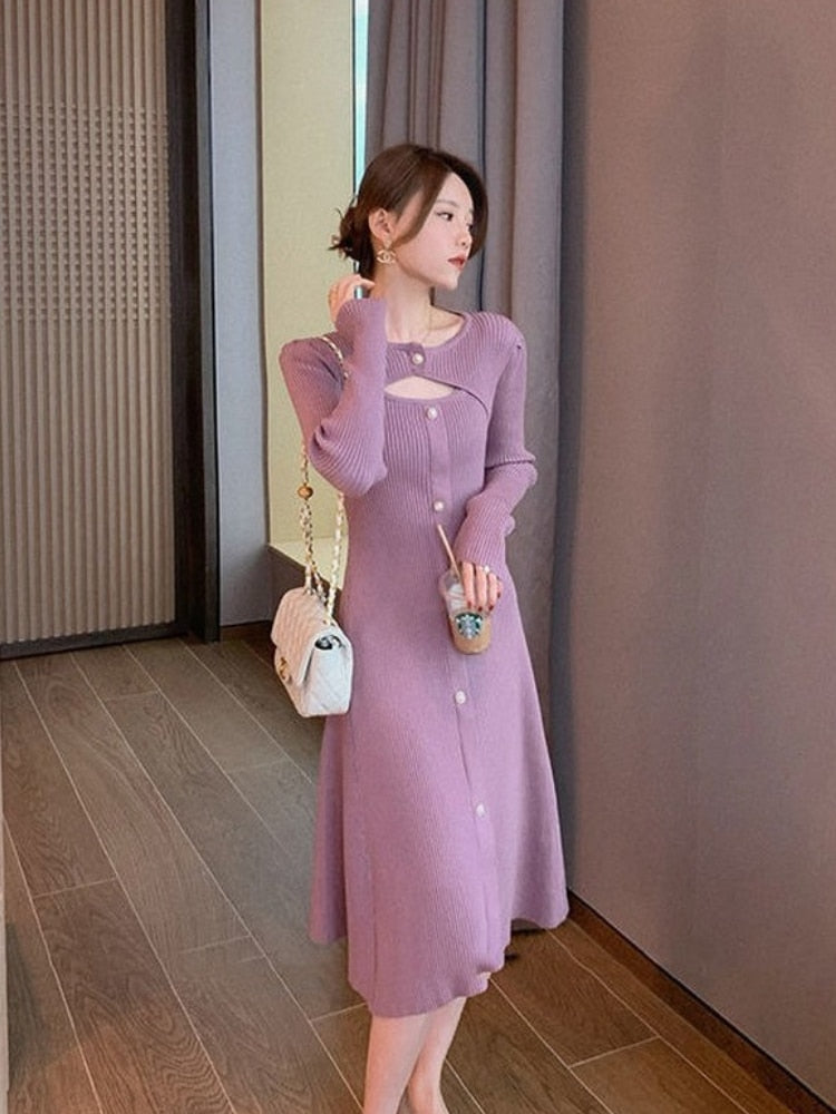 Winter Knitting One Piece Dresses Women Casual Long Sleeve Button Sweater Midi Dress Elegant Female Office Korean Autumn