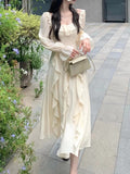 Summer Fairy Pure Color Midi Dress Woman Beach Style Long Sleeve Elegant Dress Casual Party Korean Fashion Dress Design