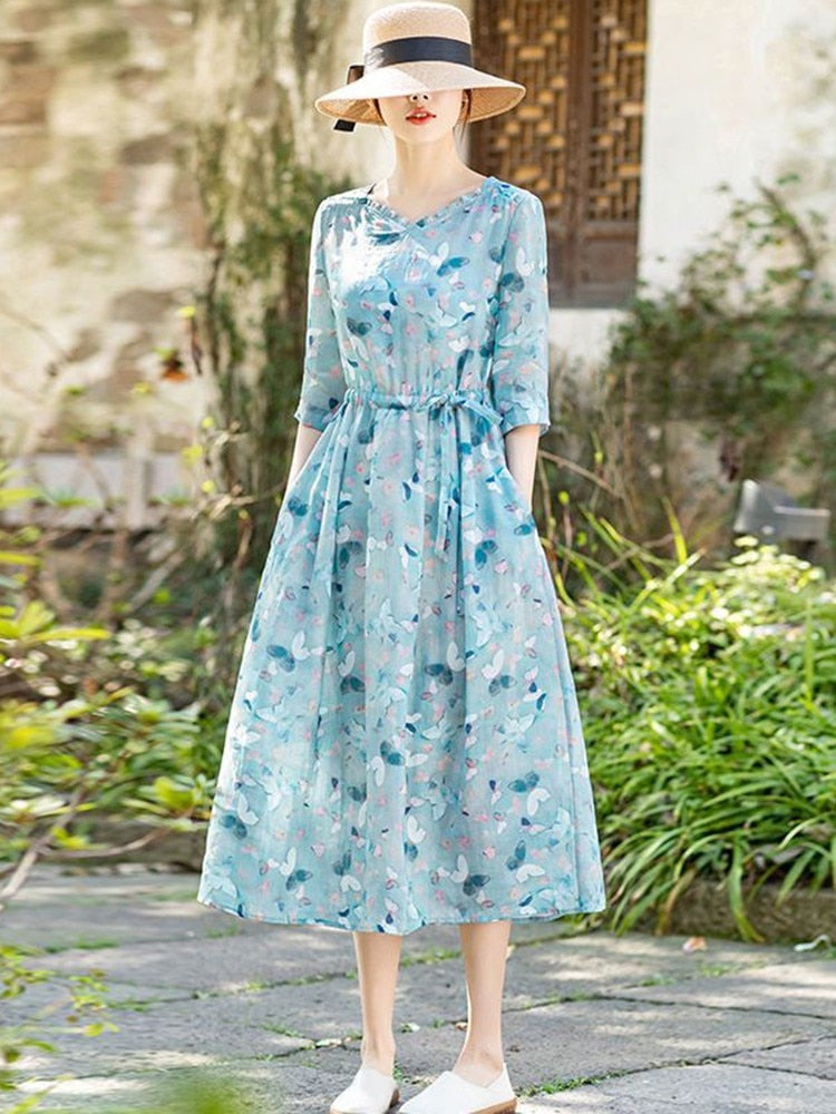 Ladies Elegant A-line Dress New Arrival Summer Vintage Style V-neck Floral Print Loose Women Casual Long Dresses D520