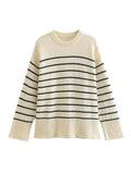 Women Classical Striped Print Casual Loose Knitting Sweater Female Long Sleeve Chic Side Split Leisure Tops CT2203