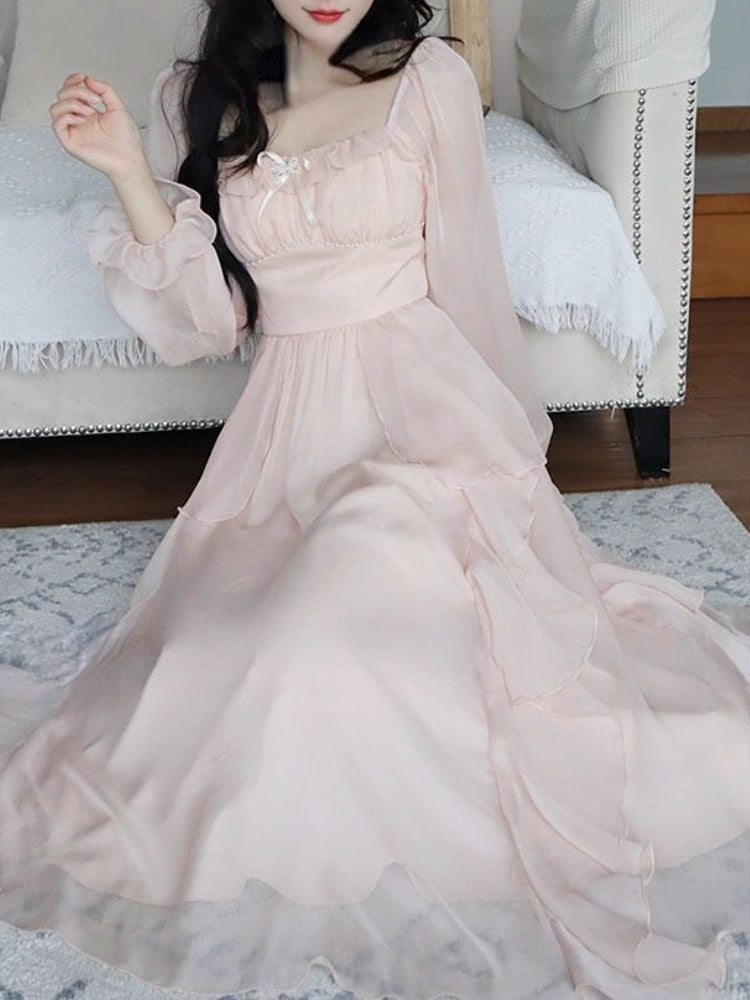 Fairy Elegant Slim Dress Women Causal Party French Fashion Midi Dress Solid Sweet Princess One Piece Dress Korean Spring