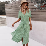 Women Beach Boho Summer Dress Vintage Floral High Waist Short Sleeve Dresses Button V-Neck Holiday Style Female Vestidos