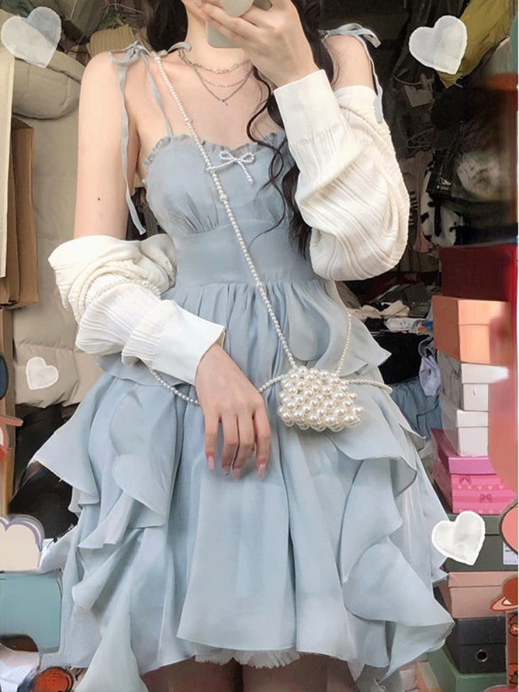 Blue Strap Mini Dress Women Korea Clothing Fashion Suits Casual 2 Piece Dress Set Female Kawaill Elegant Party Dress Summer