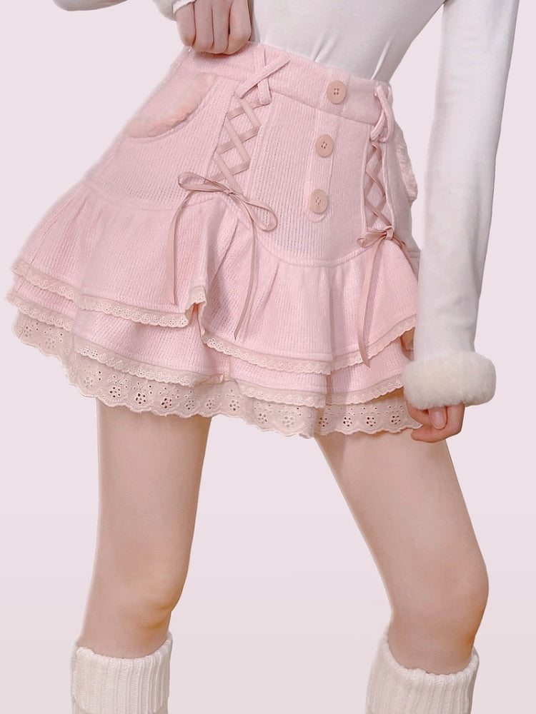 Japanese Kawaii Lolita Mini Skirt Women Winter Lace Casual Elegant Sweet Female Skirt High Waist Bandage Korean Skirt
