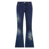 Star Printed Streetwear Y2K Jeans Woman Vintage Low Waist Pockets Blue Denim Skinny Flare Jeans Women Low Rise Grunge Retro