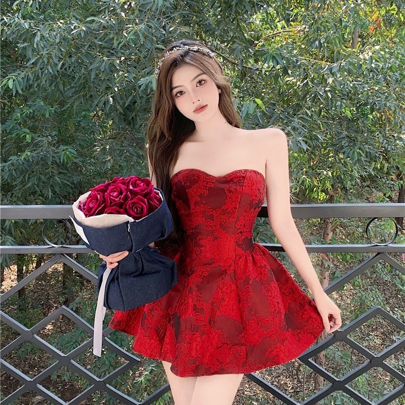 Darianrojas French Style Vintage Printed Sexy Dresses Women Strapless Red High Waist Ball Gown Dress Spring Fashion Party Clubwear