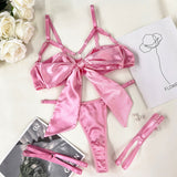 Bowknot Lingerie Open Bra Lace Up Sexy Underwear 3-Piece Satin Erotic Outfit Young Girls Uncensored Bilizna Set Of Sex