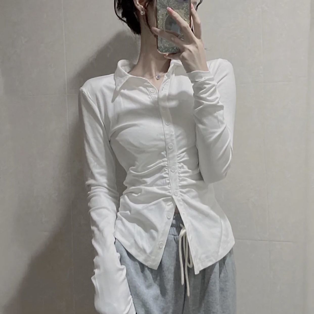 ZOKI Sexy Shirts Skinny Grey Y2k Long Sleeve Pleated Tops Elegant Chic Korean Fashion Streetwear Office Ladies Blouses