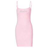 2000s Aesthetics Rhinestone Pink Short Dresses Y2K Fashion Letter Strape Cami Dress Cute Summer Streetwear Kawaii Outfit