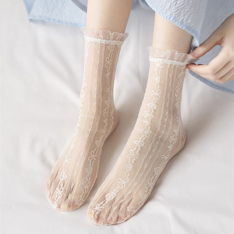 Japan Style Sexy Lace Ruffle Socks Ultra-thin Transparent Summer Hollow Mesh Crew Socks Women Fashion Harajuku Retro Long Socks