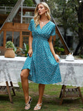 Chiffon Dress Summer Dress  Retro Yellow Red Floral Print Female Casual V-neck Short-sleeved A-line Beach Long Robe Dress