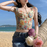 Darianrojas New Women Sweet Vest Suspender Sweetheart Neck Floral Print Slim Fit Bustier Crop Tank Tops For Summer Babes Street Style S M L