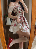 Print Floral Kawaii Sweet Dress Women Red Christmas Elegant Party Mini Dress Off Shoulder France Cute Strap Dress Fairy