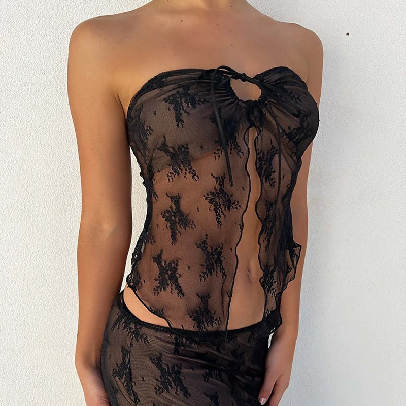 Lace Bustiers Corsets Strapless Off Shoulder Tube Tops Party Clubwear Mesh See Through Tank Summer Mini Vest