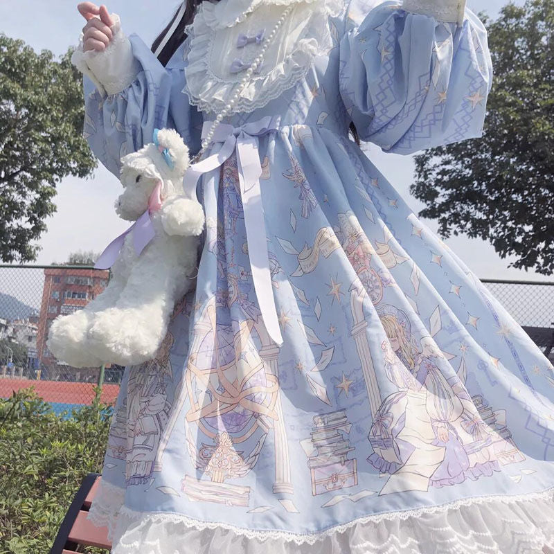 Darianrojas Japanese Sweet Kawaii Blue Lolita Long Sleeve Dress Fairy Dress Lolita Kawaii Sweet Lolita White Lolita Dress Harujuku Dress