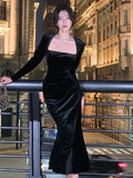 Darianrojas High Quality Spring New Women Elegant Long Black Velvet Dress Sexy Prom Evening Party Birthday Club Fashion  One Piece Clothing