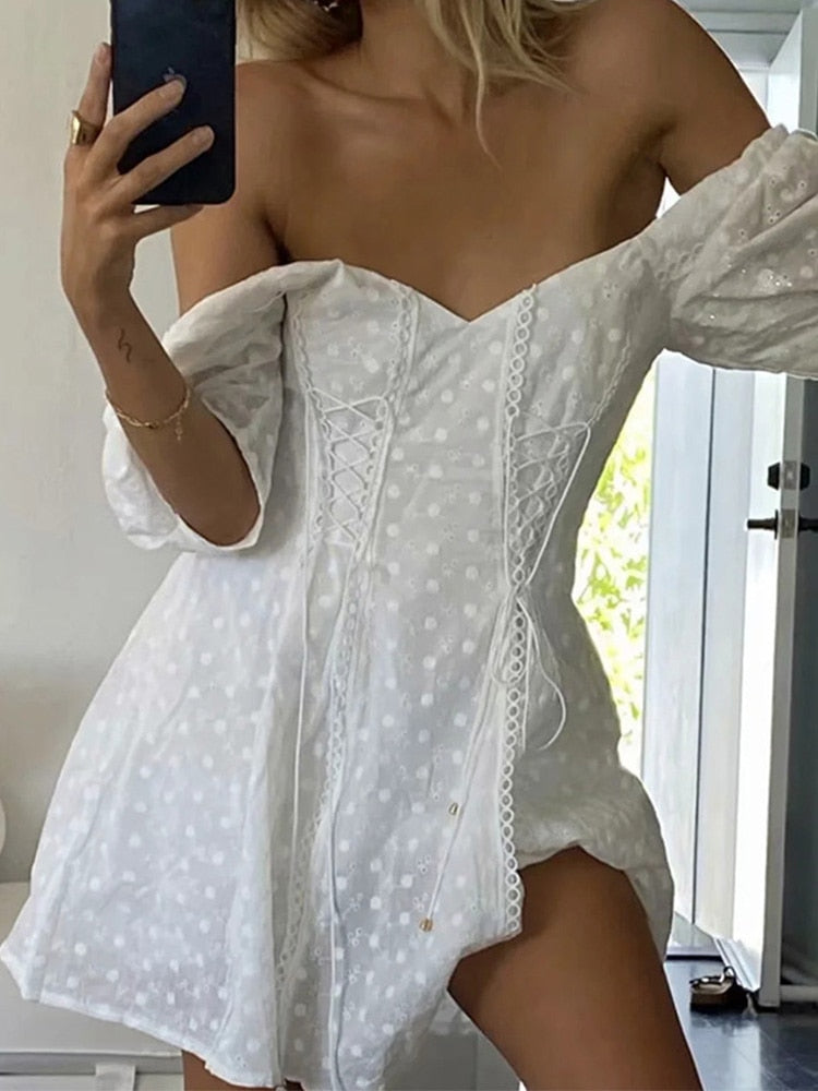 White lace embriodery summer beach dress women elegant hollow out lace up short dress off shoulder puff sleeve sheer dress
