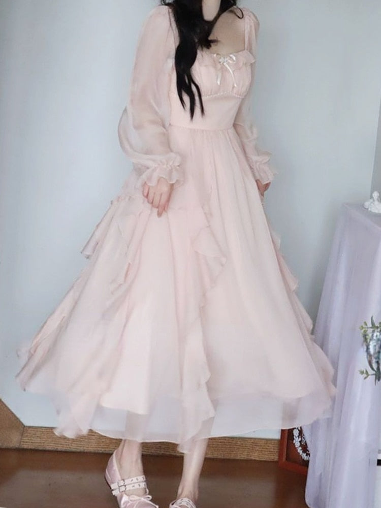 Fairy Elegant Slim Dress Women Causal Party French Fashion Midi Dress Solid Sweet Princess One Piece Dress Korean Spring
