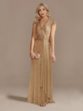 Luxury Champagne V-Neck Sequin Evening Dress Women Party Maxi Dress Beading Gowns Long Prom Cocktail Dresses