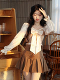 Korean Style Kawaii Two Piece Set Women Sweet Elegant Party Mini Skirt Set Female France Vintage Blouse + Bandage Mini Skirt New